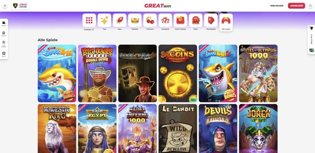 GreatWin Casino Alle Spiele